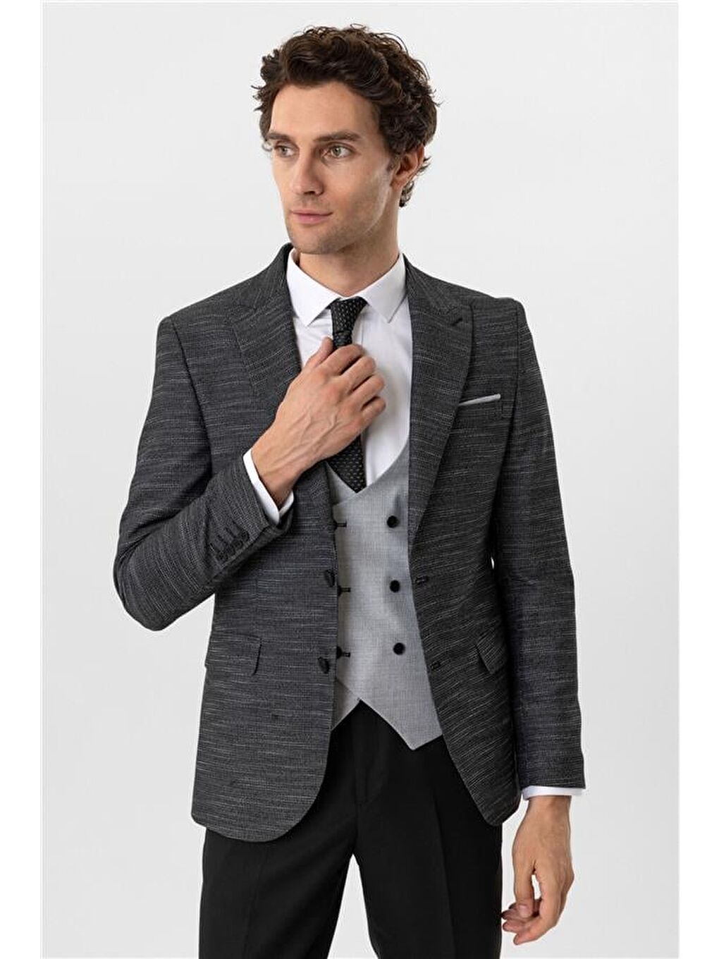 Siyah Slim Desenli Sivri Yaka 6 Drop Yelekli Takım Elbise-4