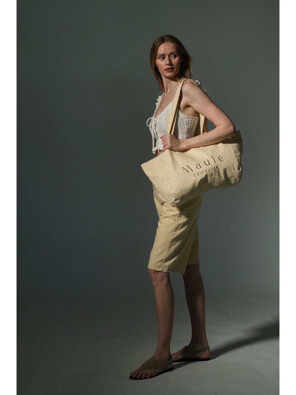 Sarı Maule Nakış Detaylı Ortaboy %100 Pamuk İndigo Kadın Omuz Çantası Tote Bag-1