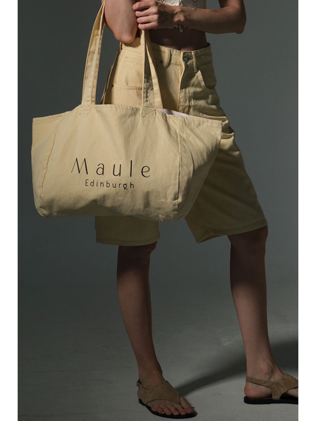 Sarı Maule Nakış Detaylı Ortaboy %100 Pamuk İndigo Kadın Omuz Çantası Tote Bag-2