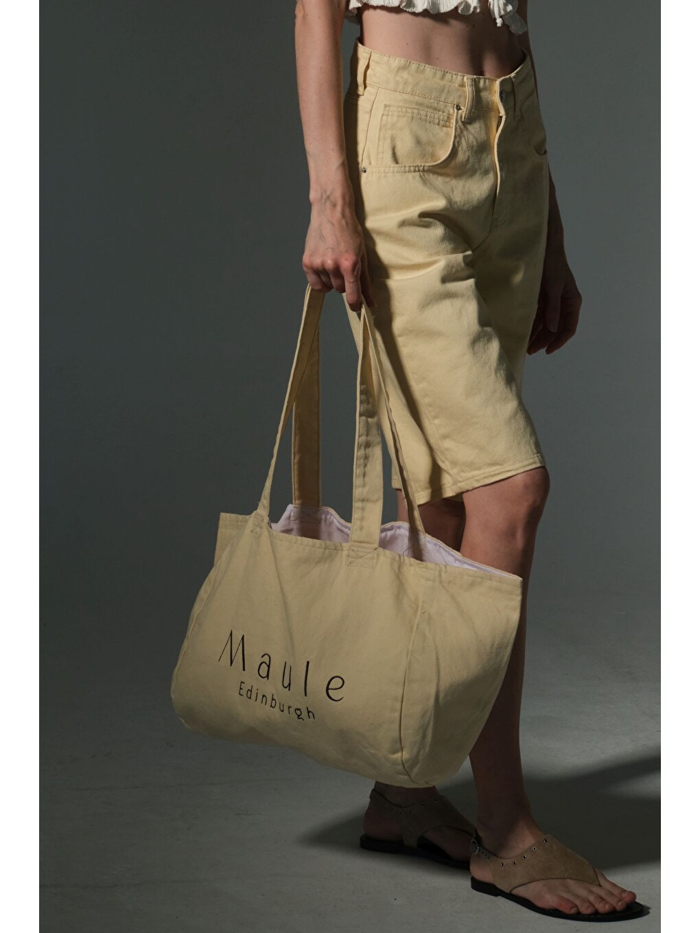Sarı Maule Nakış Detaylı Ortaboy %100 Pamuk İndigo Kadın Omuz Çantası Tote Bag-3