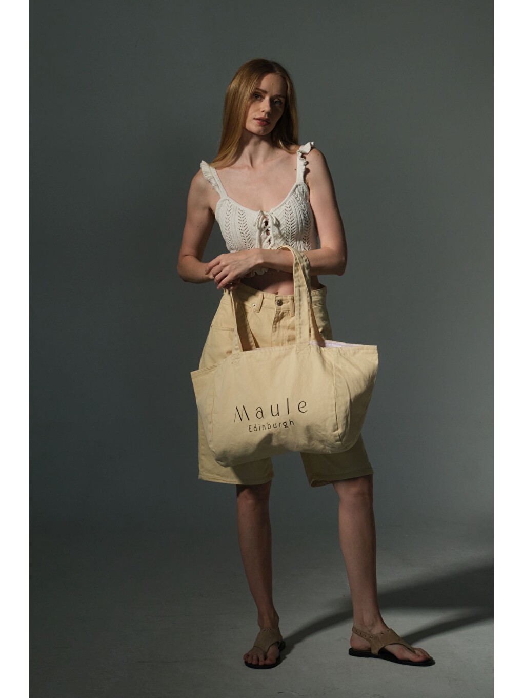 Sarı Maule Nakış Detaylı Ortaboy %100 Pamuk İndigo Kadın Omuz Çantası Tote Bag-4