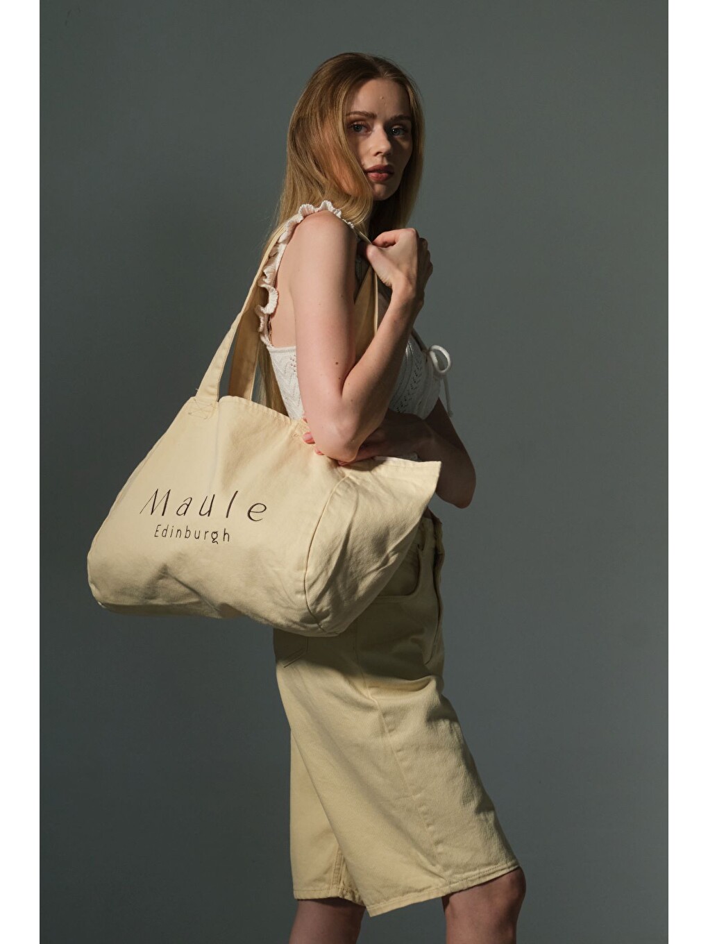 Sarı Maule Nakış Detaylı Ortaboy %100 Pamuk İndigo Kadın Omuz Çantası Tote Bag-5