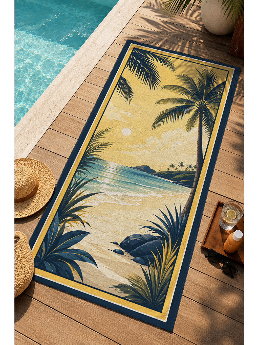 Retro Sarı Lacivert Palmiye Tropikal Sahil Desenli 70x150 Plaj Havlusu - Pamuklu Banyo Havlusu-4