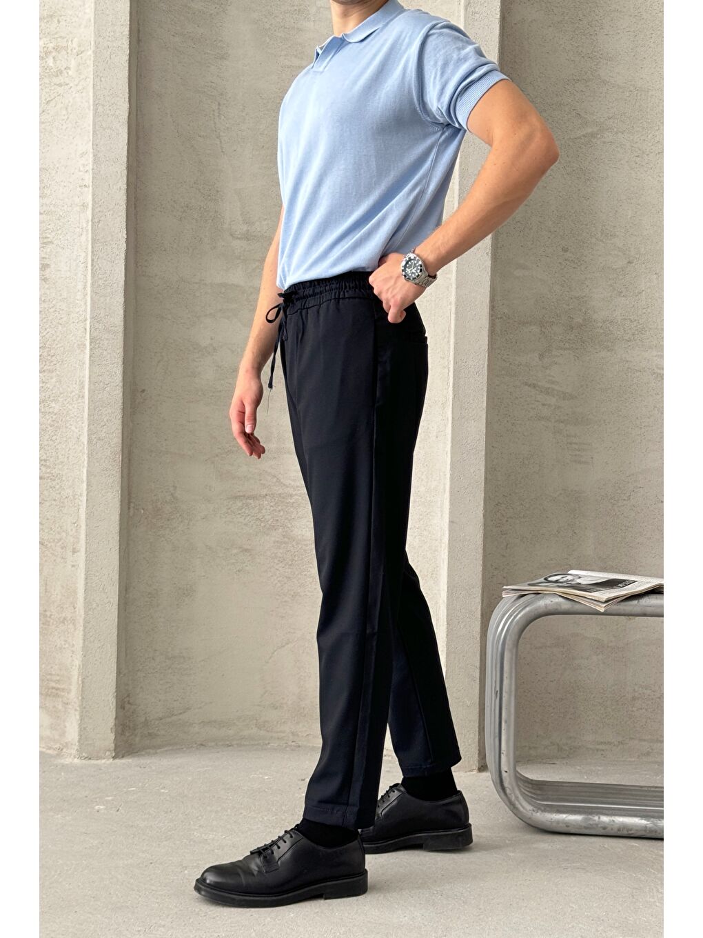 Lacivert Erkek Beli Lastikli Rahat Kalıp Kumaş Pantolon-1