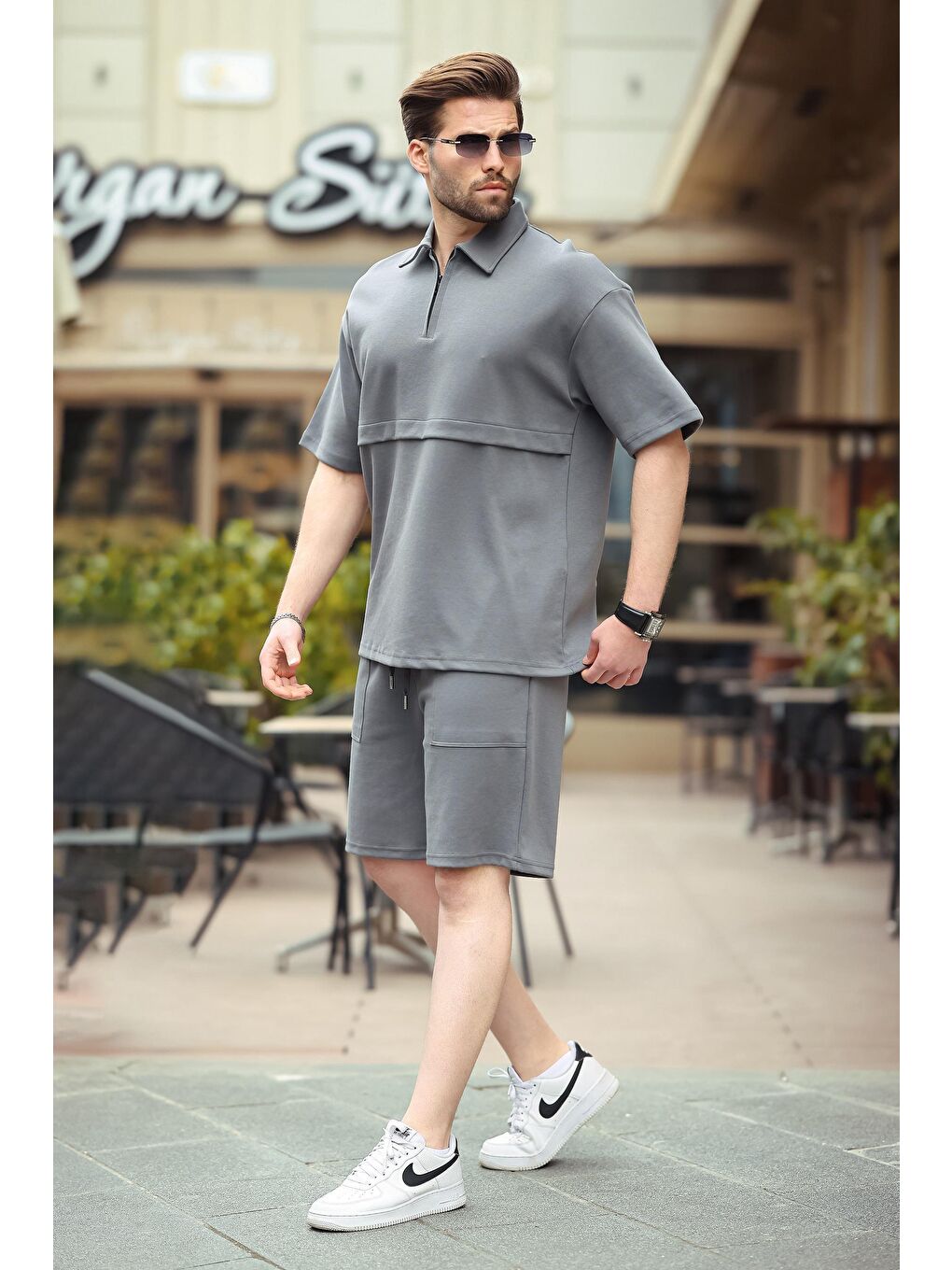Gri Füme Fermuarlı Polo Yaka Erkek Şort Gömlek Takımı E7314-2