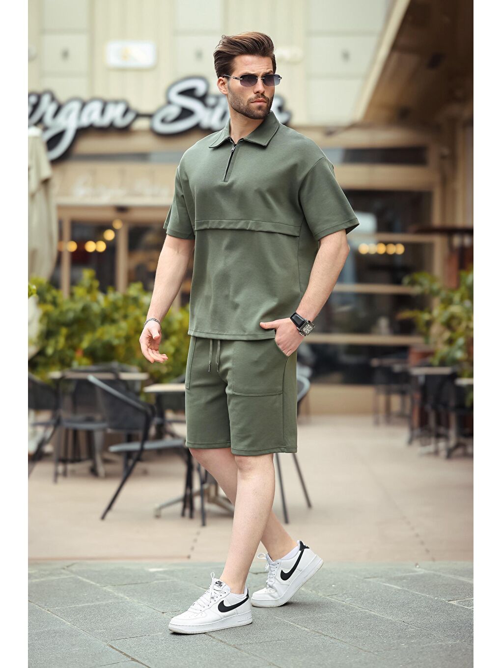 Haki Fermuarlı Polo Yaka Erkek Şort Gömlek Takımı E7314