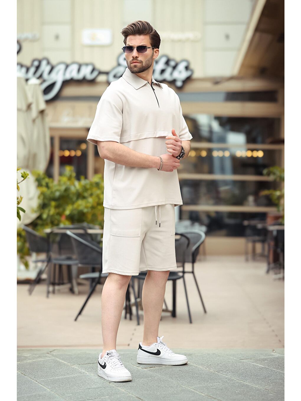 Bej Taş Rengi Fermuarlı Polo Yaka Erkek Şort Gömlek Takımı E7314-1