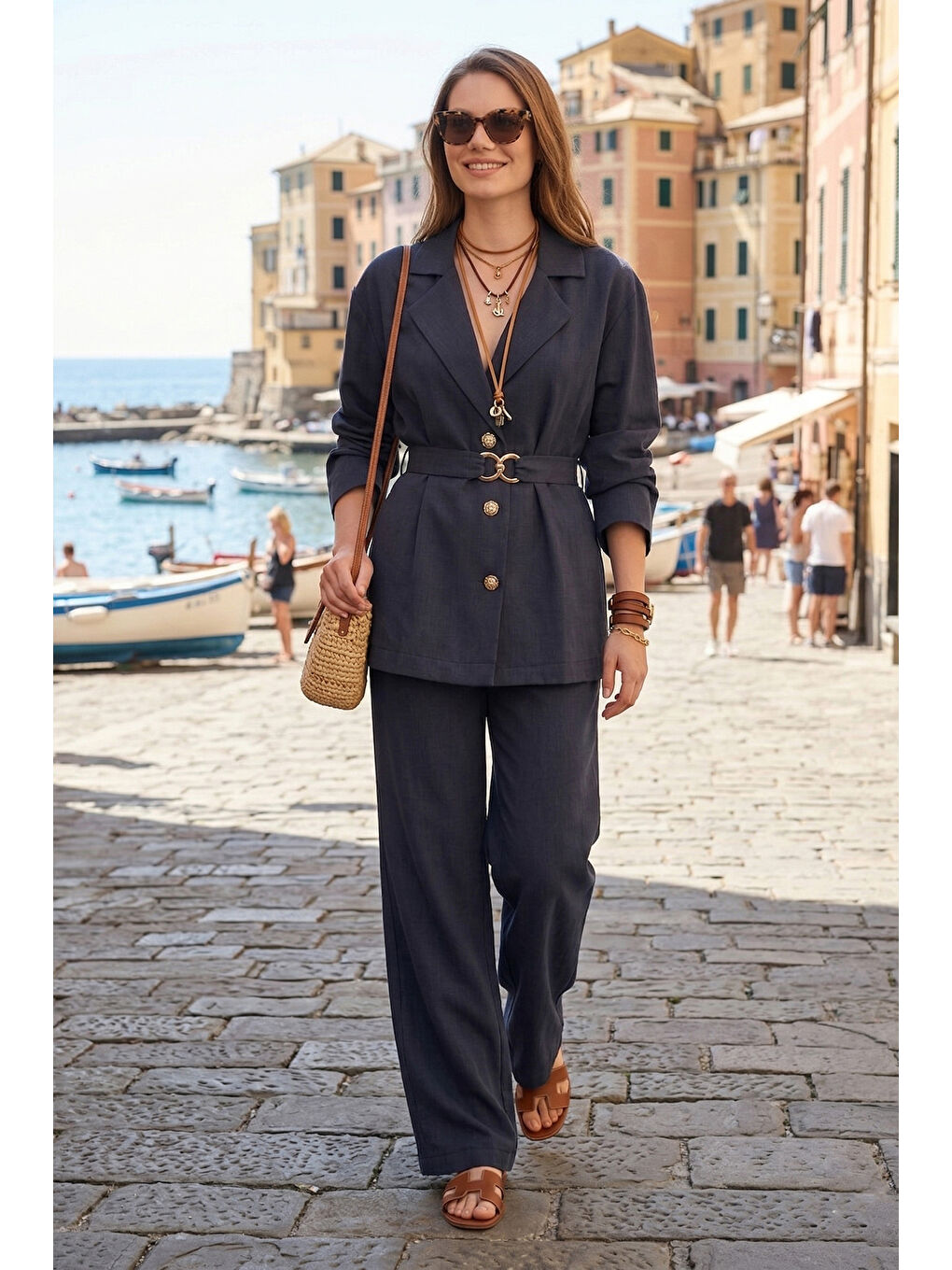 Lacivert Kruvaze Yaka Kemer Detaylı Bol Paça Kadın Takım 6928927