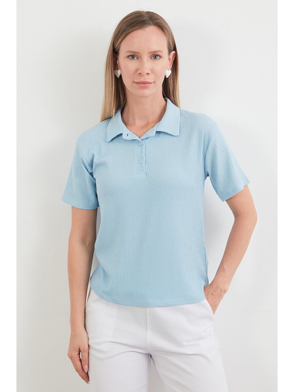 Mavi Bürümcük Kumaş Düğmeli Polo Yaka Tişört-1