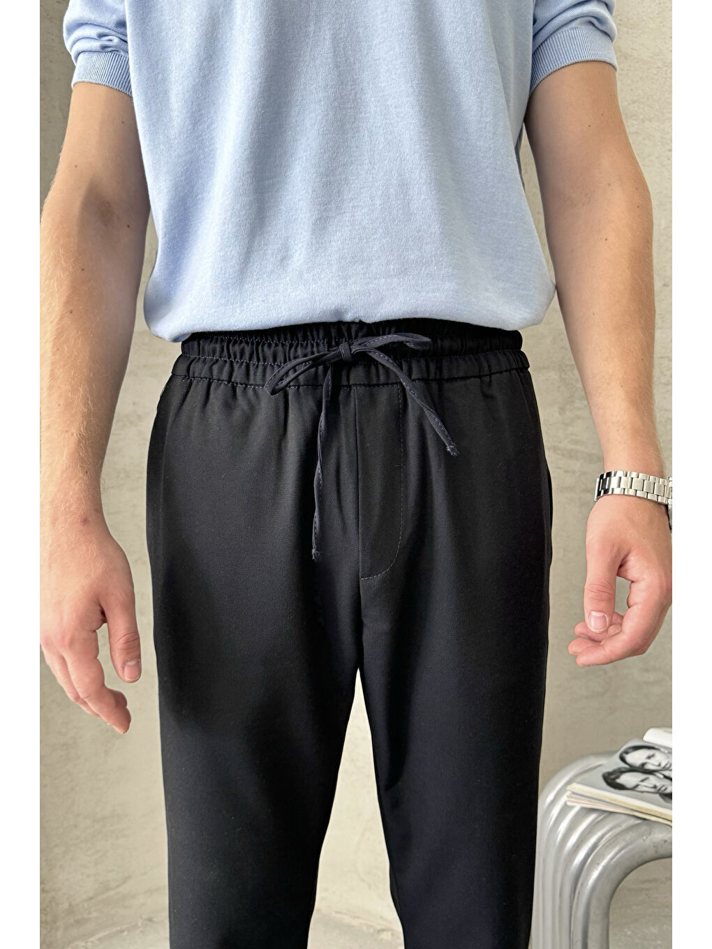 Lacivert Erkek Beli Lastikli Rahat Kalıp Kumaş Pantolon-3