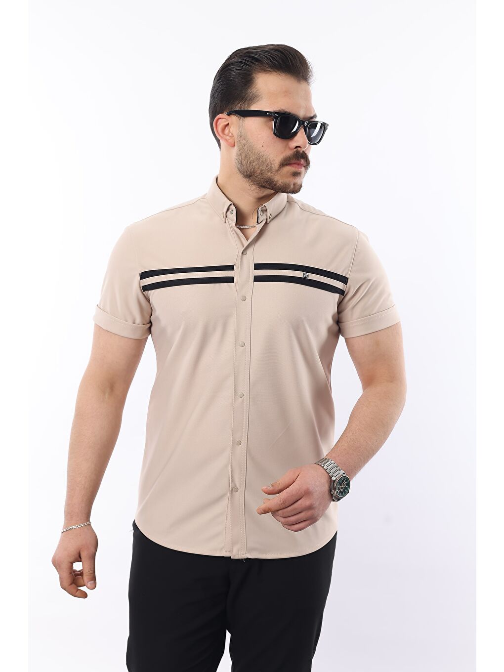 Bej Erkek Kısa Kollu Slim Fit Yazlık Çift Çizgili Gömlek