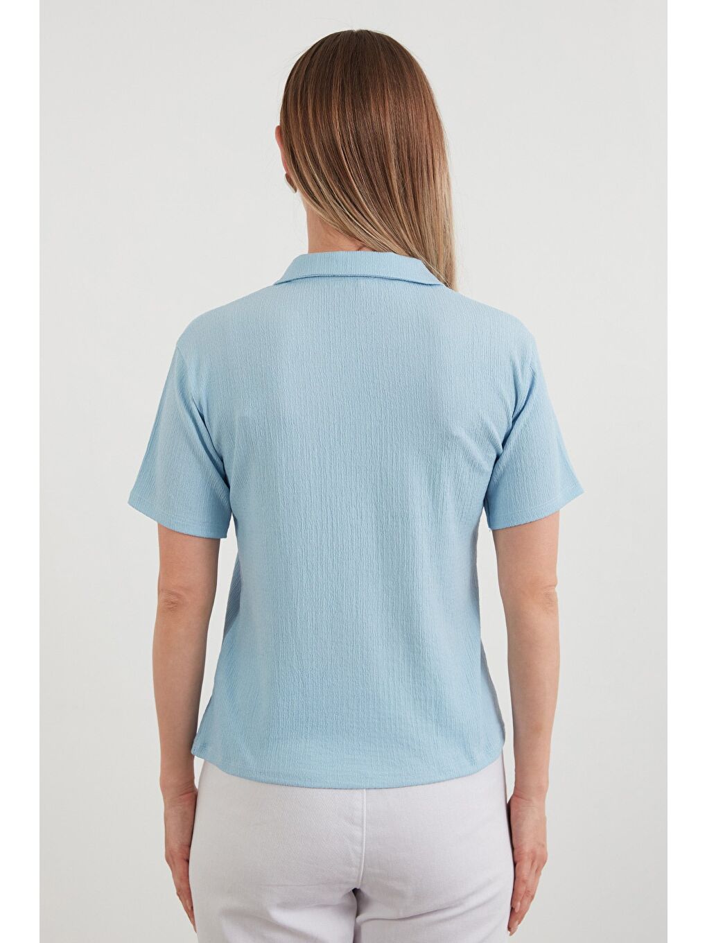 Mavi Bürümcük Kumaş Düğmeli Polo Yaka Tişört-3
