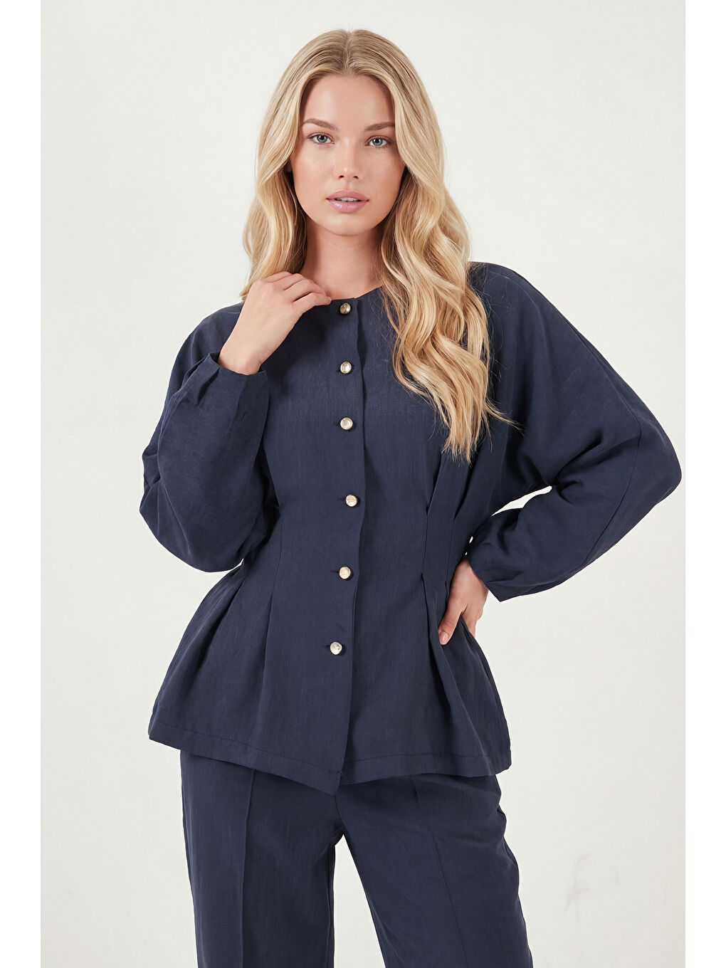 Lacivert Düğmeli Bisiklet Yaka Yüksek Bel Geniş Paça Kadın Takım 6928930-2