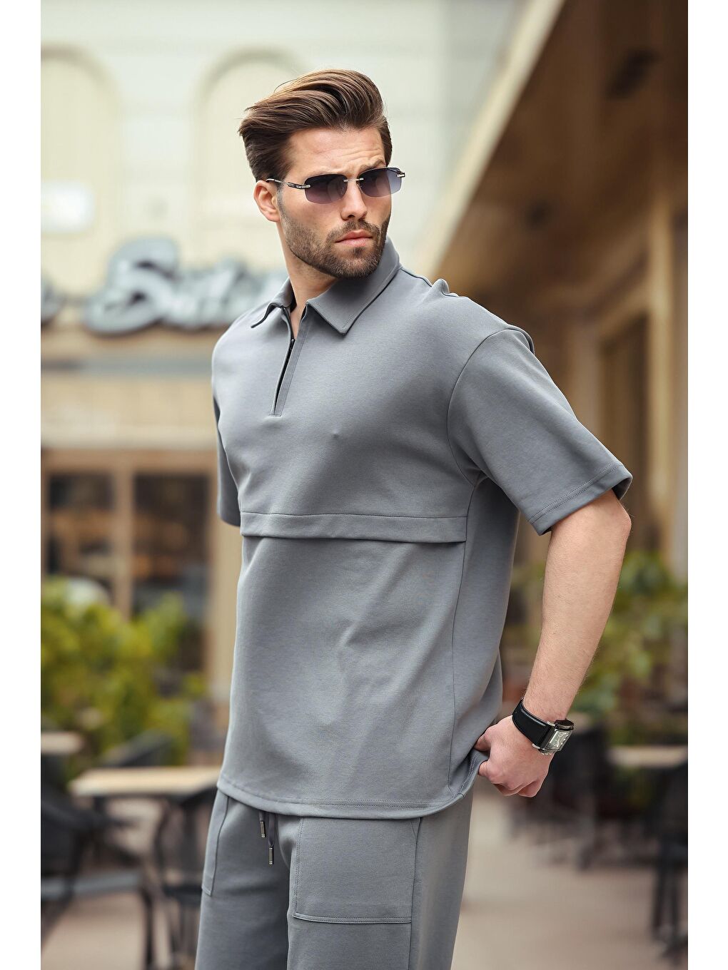 Gri Füme Fermuarlı Polo Yaka Erkek Şort Gömlek Takımı E7314-3