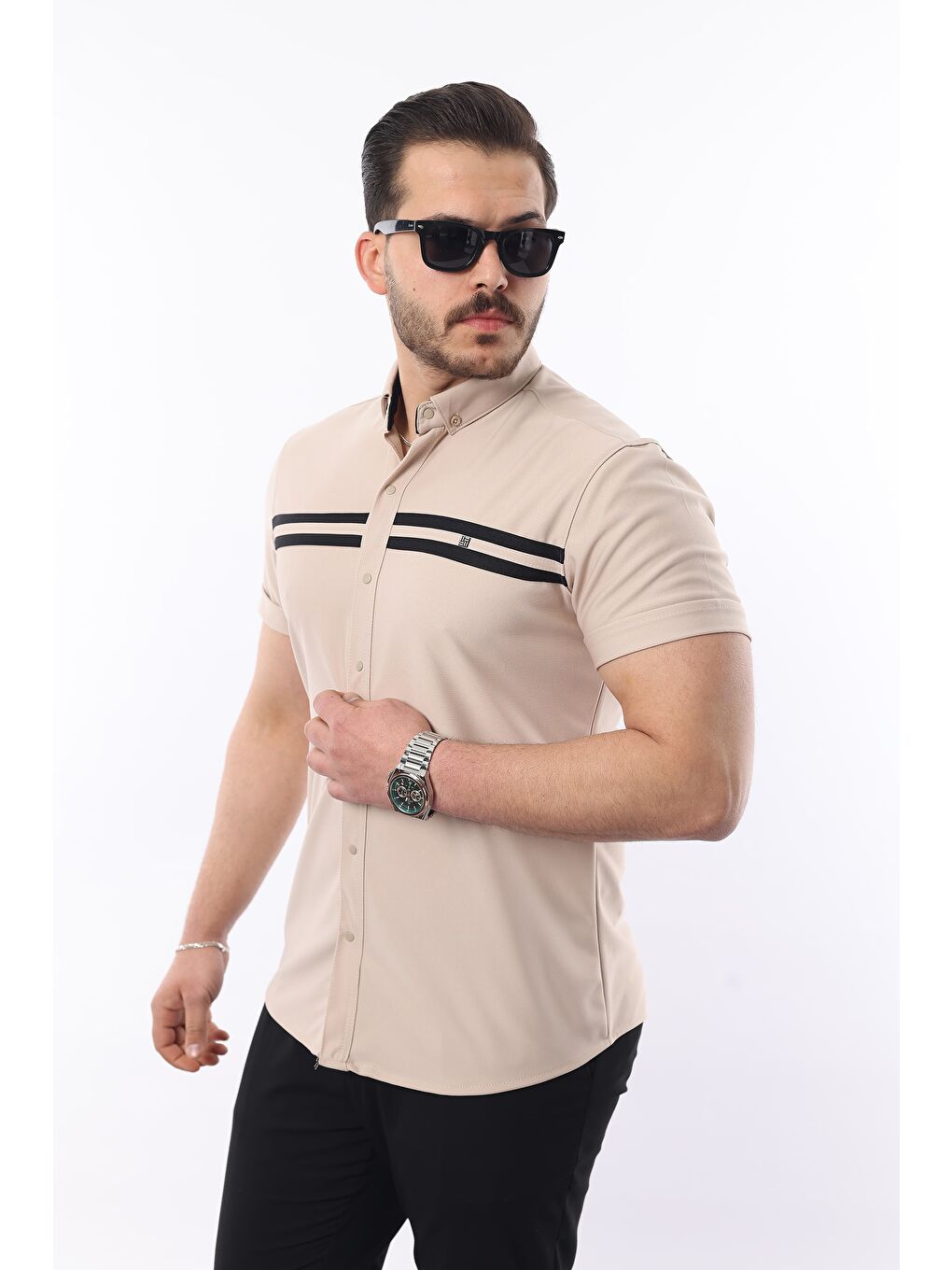 Bej Erkek Kısa Kollu Slim Fit Yazlık Çift Çizgili Gömlek-2
