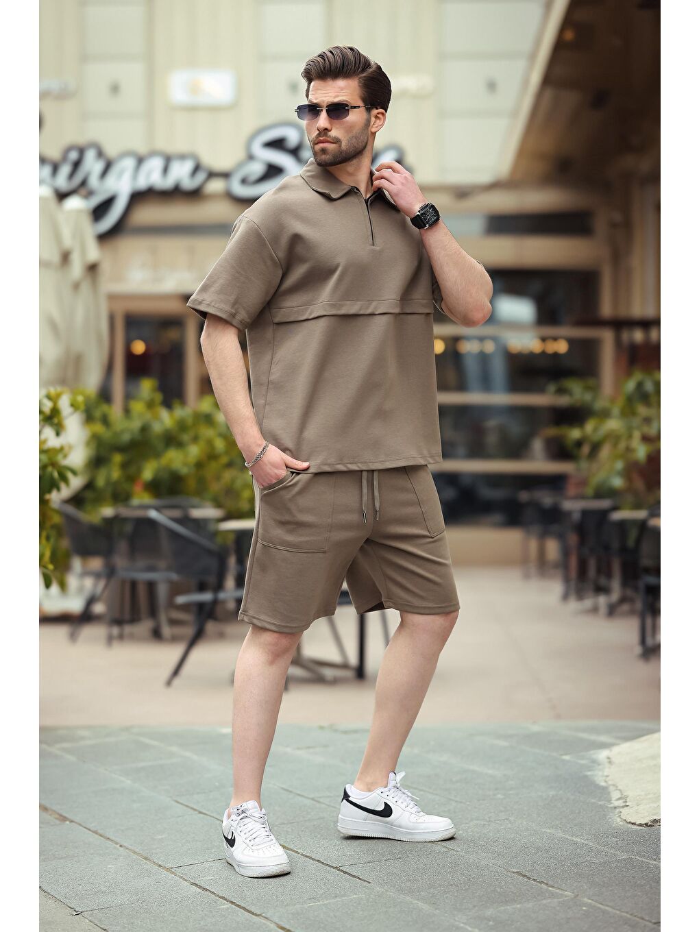 Kahverengi Fermuarlı Polo Yaka Erkek Şort Gömlek Takımı E7314-1
