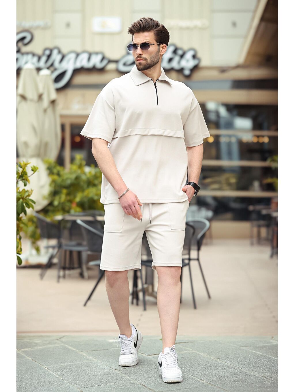 Bej Taş Rengi Fermuarlı Polo Yaka Erkek Şort Gömlek Takımı E7314-2