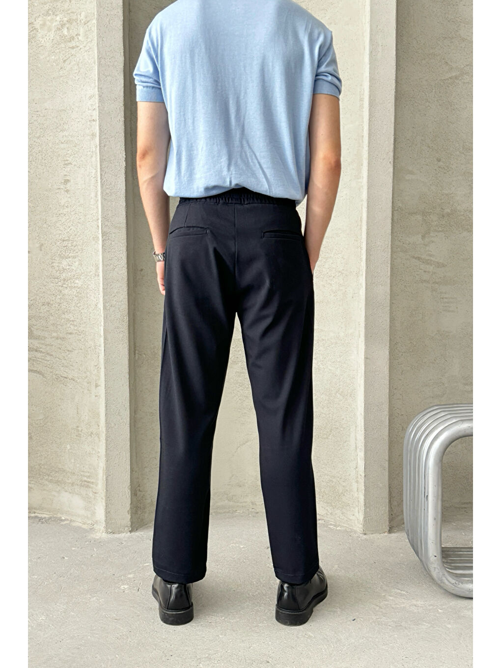 Lacivert Erkek Beli Lastikli Rahat Kalıp Kumaş Pantolon-5