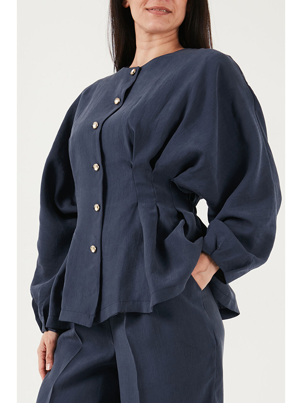 Lacivert Düğmeli Bisiklet Yaka Yüksek Bel Geniş Paça Kadın Takım 6928930-3