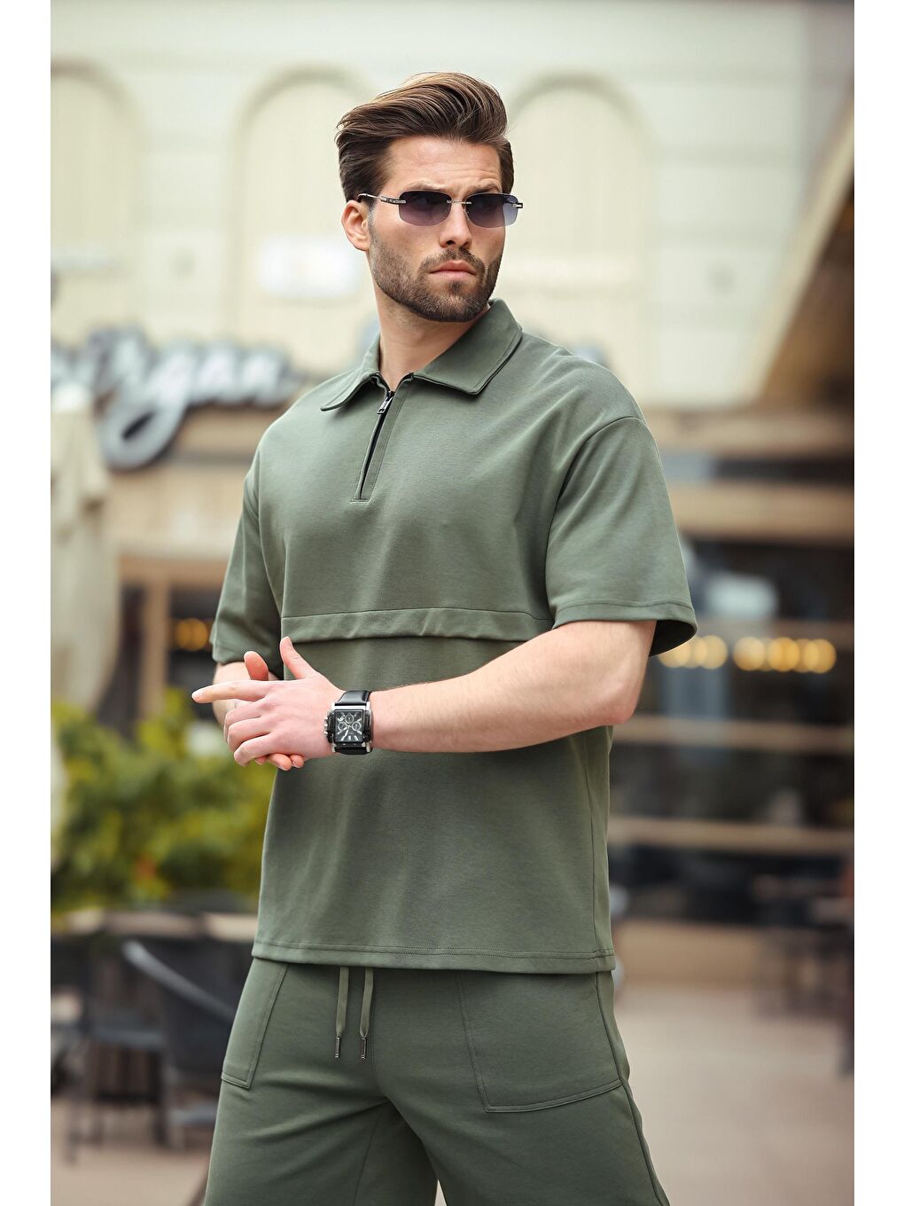Haki Fermuarlı Polo Yaka Erkek Şort Gömlek Takımı E7314-1