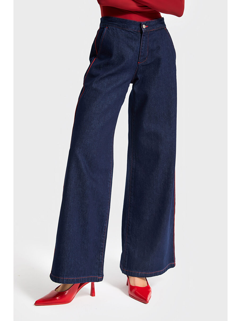 Kadın İndigo Renk 7w5-50 Wide Leg Fit Viskon Kumaş Şerit Detaylı Özel Tasarım Denim Jean-1