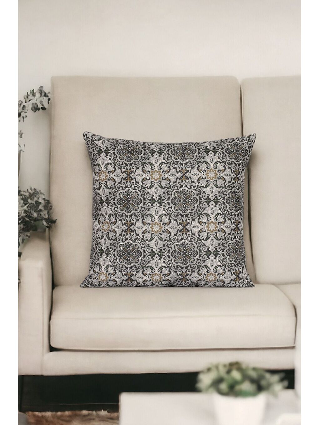 Antrasit Desenli Kırlent Kılıfı Dekoratif Etnik Ikat Damask Inta 792