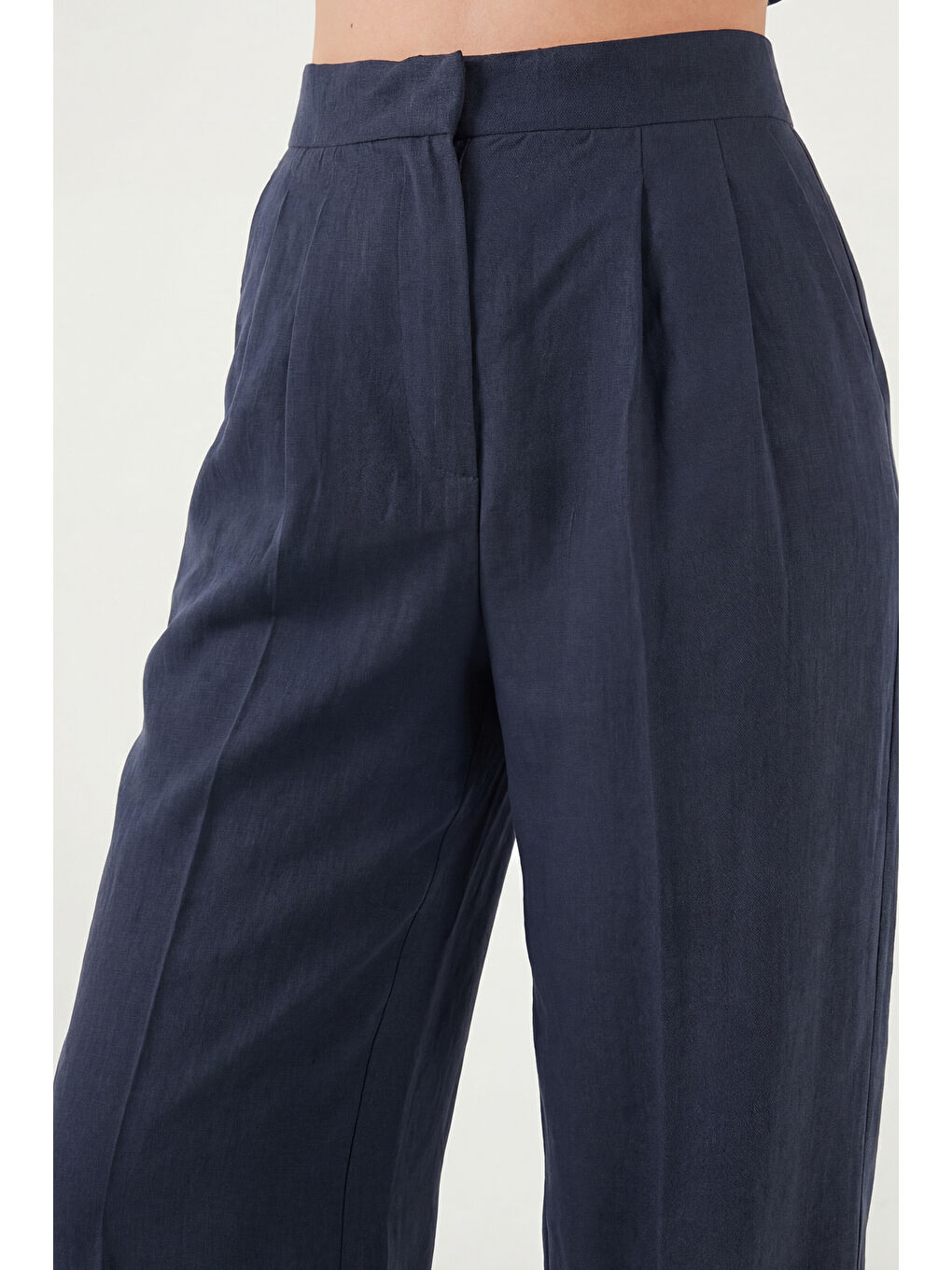 Lacivert Düğmeli Bisiklet Yaka Yüksek Bel Geniş Paça Kadın Takım 6928930-4