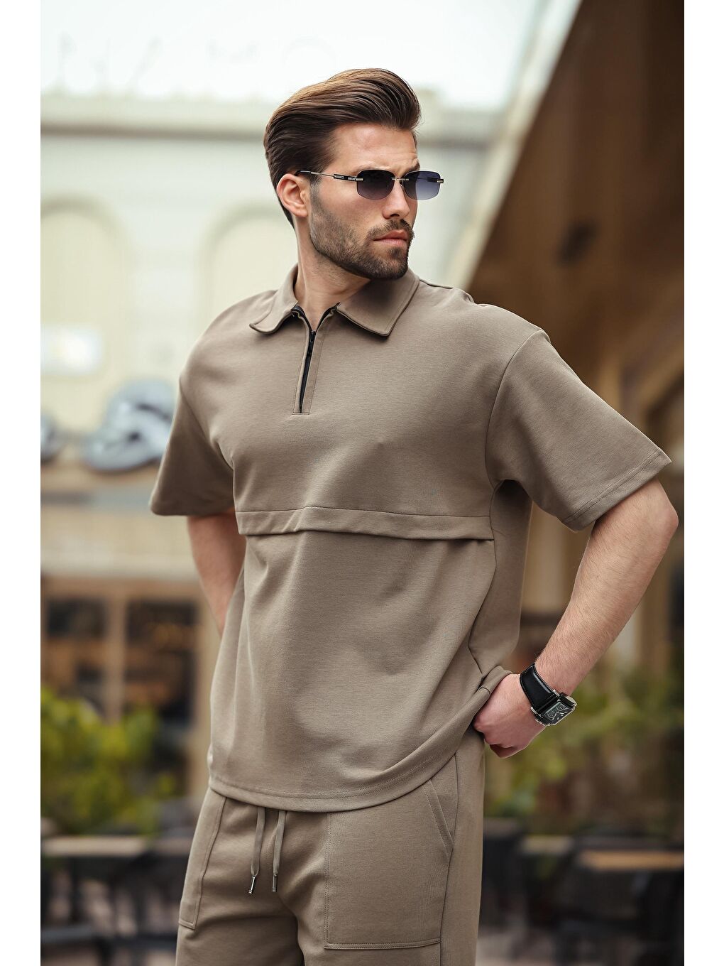 Kahverengi Fermuarlı Polo Yaka Erkek Şort Gömlek Takımı E7314-2