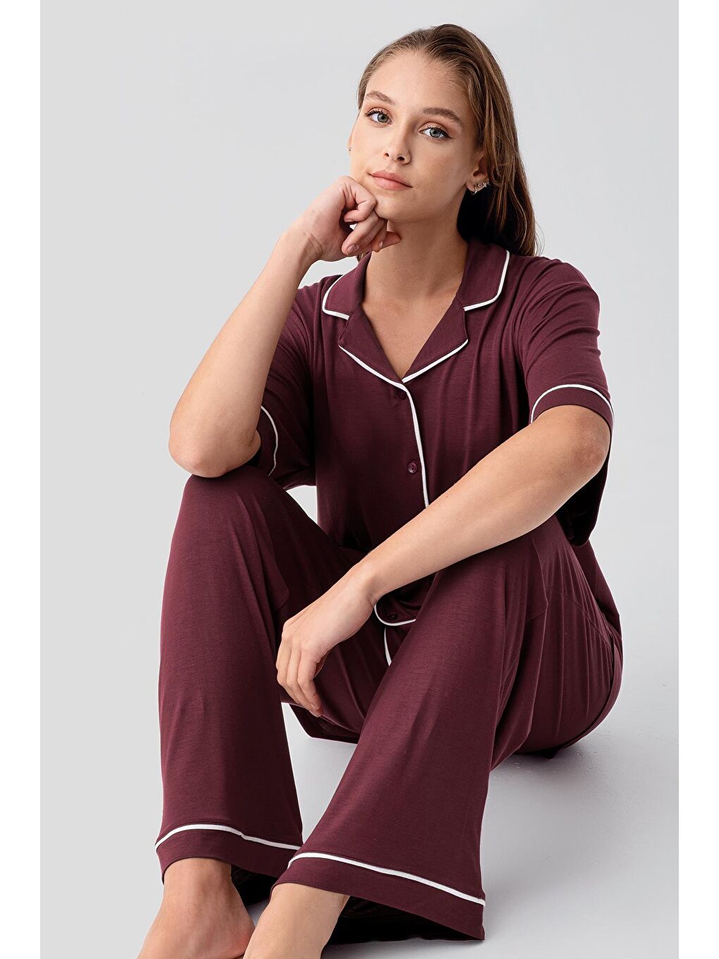 Bordo Kısa Kollu Düğmeli Oversize Esnek Viskoz Pijama Takım 19210-4