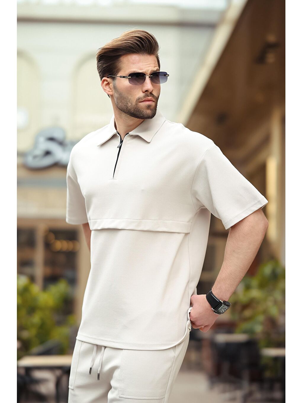 Bej Taş Rengi Fermuarlı Polo Yaka Erkek Şort Gömlek Takımı E7314-3