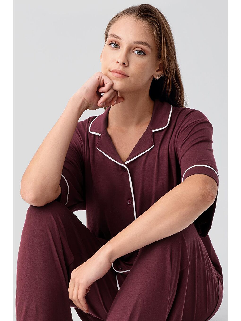 Bordo Kısa Kollu Düğmeli Oversize Esnek Viskoz Pijama Takım 19210-5