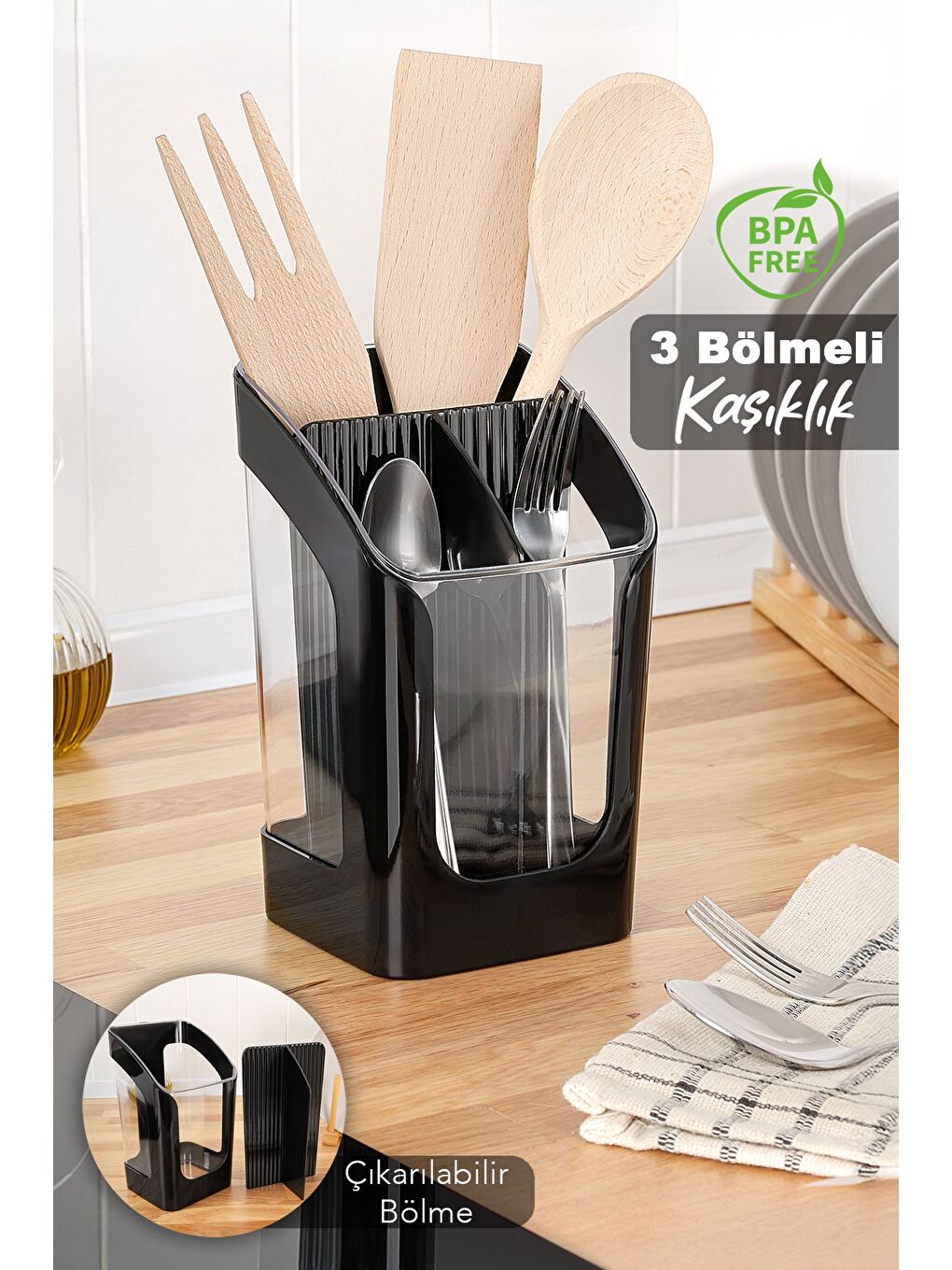 3 Bölmeli Tezgah Üstü Kaşıklık - Çıkarılabilir Bölmeli Kaşık Bıçak Standı Mutfak Organizer Siyah