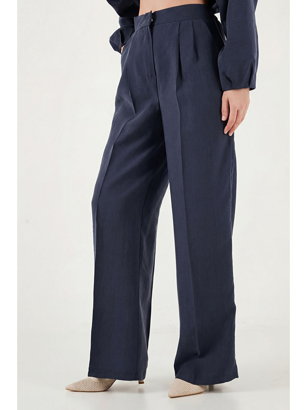 Lacivert Düğmeli Bisiklet Yaka Yüksek Bel Geniş Paça Kadın Takım 6928930-5