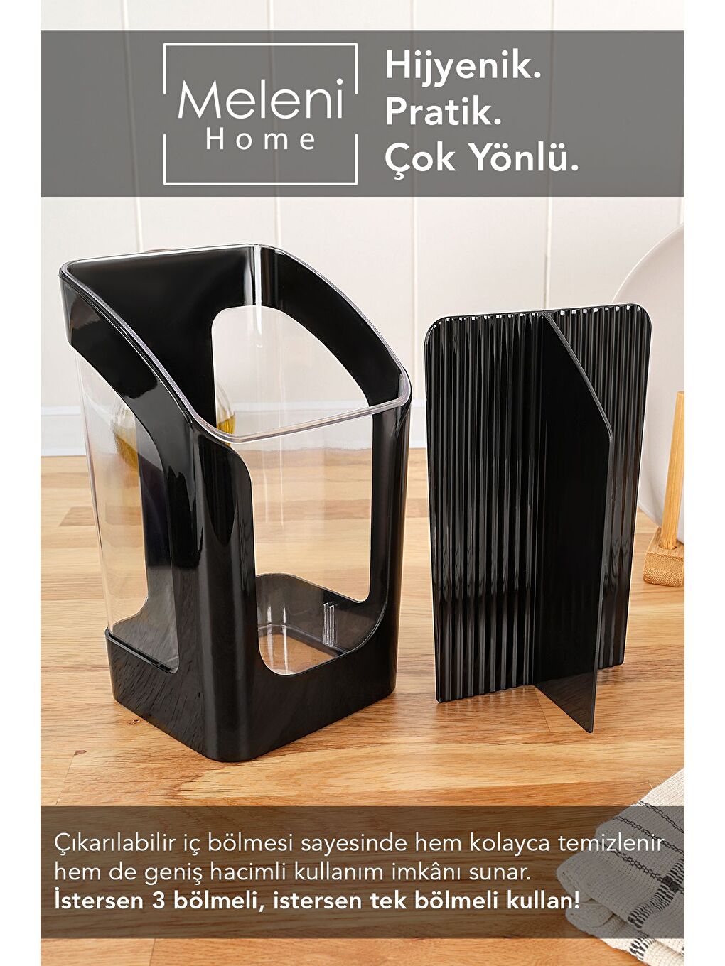 3 Bölmeli Tezgah Üstü Kaşıklık - Çıkarılabilir Bölmeli Kaşık Bıçak Standı Mutfak Organizer Siyah-1