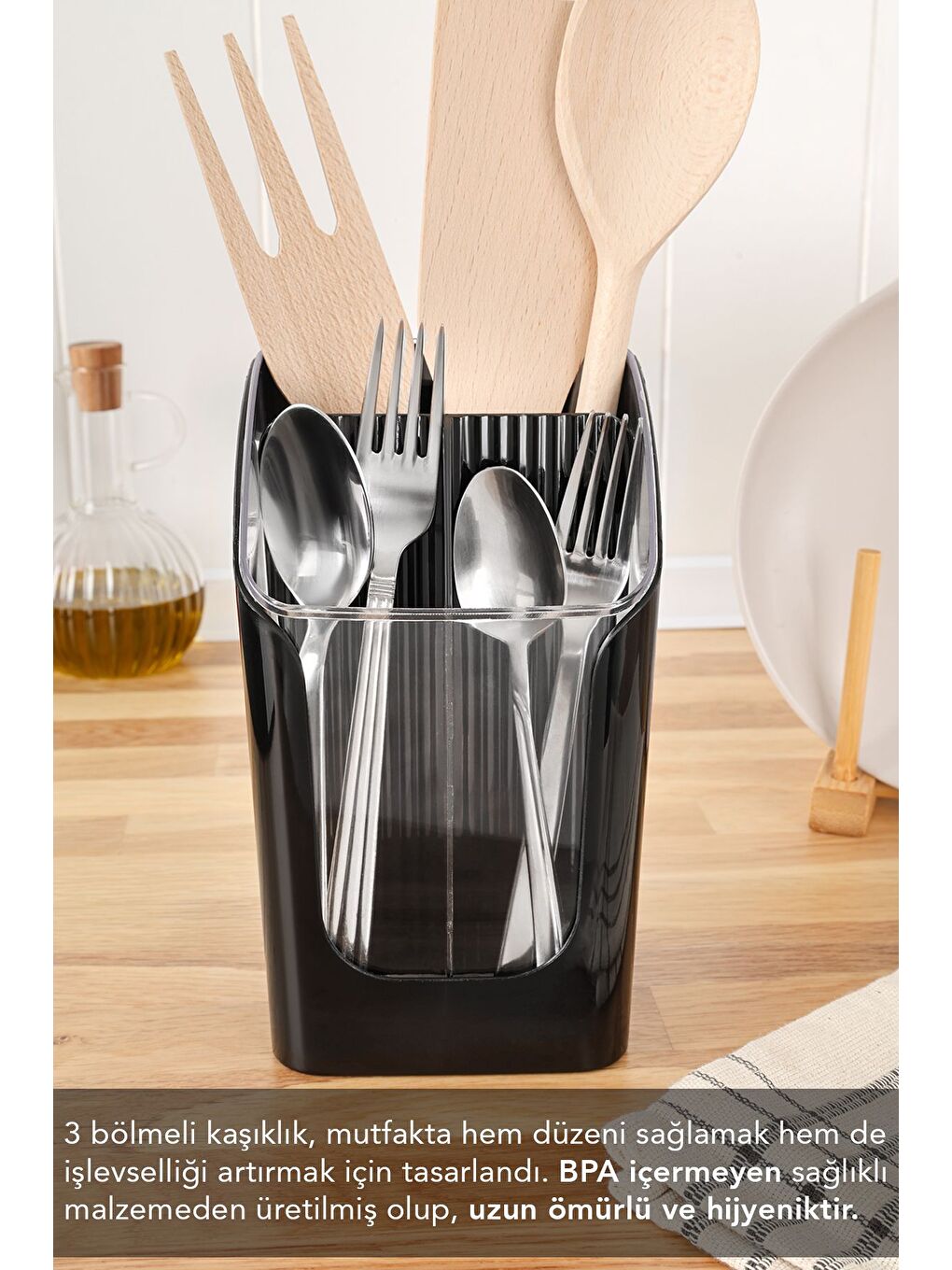 3 Bölmeli Tezgah Üstü Kaşıklık - Çıkarılabilir Bölmeli Kaşık Bıçak Standı Mutfak Organizer Siyah-2