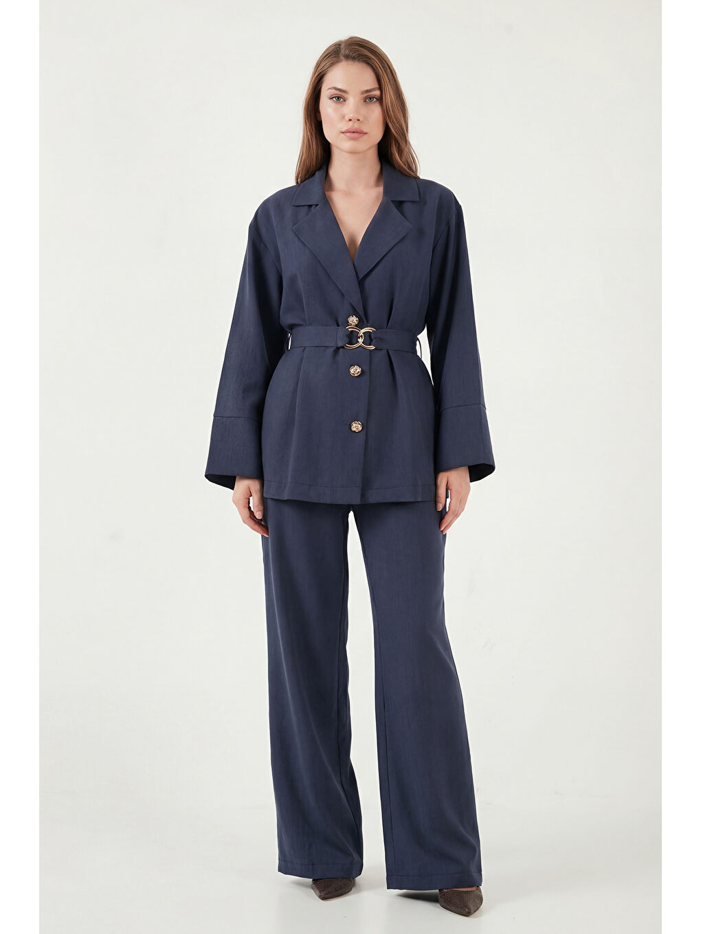 Lacivert Kruvaze Yaka Kemer Detaylı Bol Paça Kadın Takım 6928927-2