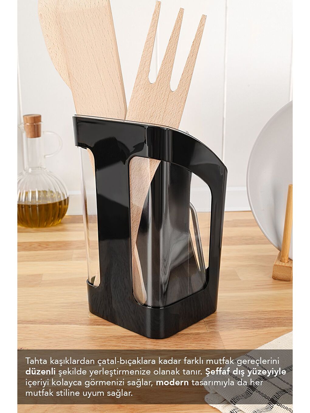 3 Bölmeli Tezgah Üstü Kaşıklık - Çıkarılabilir Bölmeli Kaşık Bıçak Standı Mutfak Organizer Siyah-3