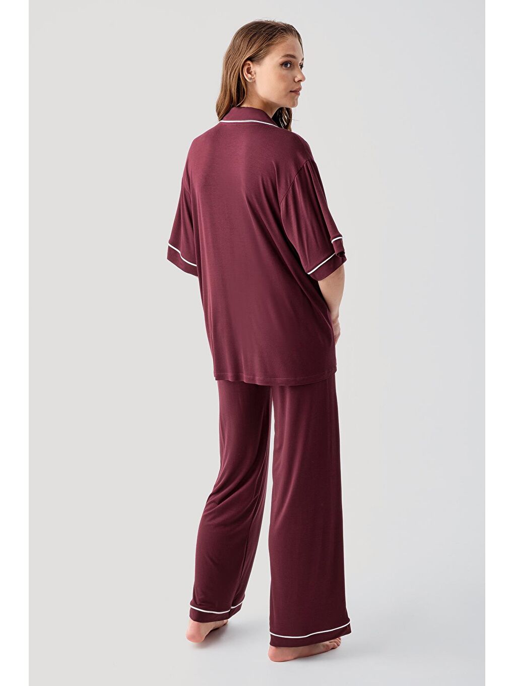 Bordo Kısa Kollu Düğmeli Oversize Esnek Viskoz Pijama Takım 19210-6