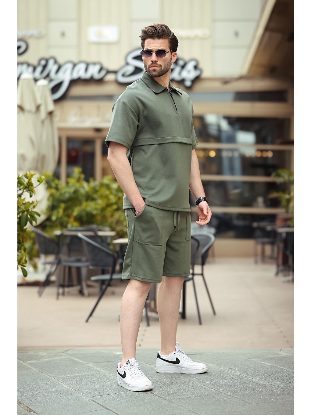 Haki Fermuarlı Polo Yaka Erkek Şort Gömlek Takımı E7314-2