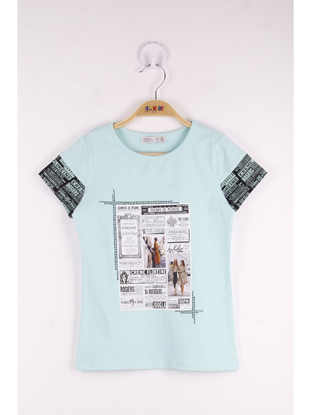Turkuaz Kız Çocuk Çerçeve Baskılı Taş İşlemeli Tişört