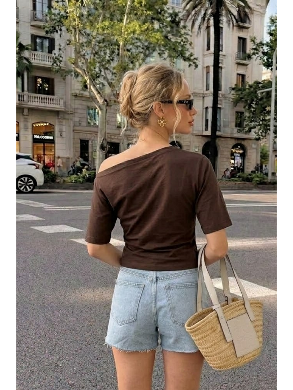 Kahverengi Kadın Omzu Dekolteli Basic Kahve Tişört-5