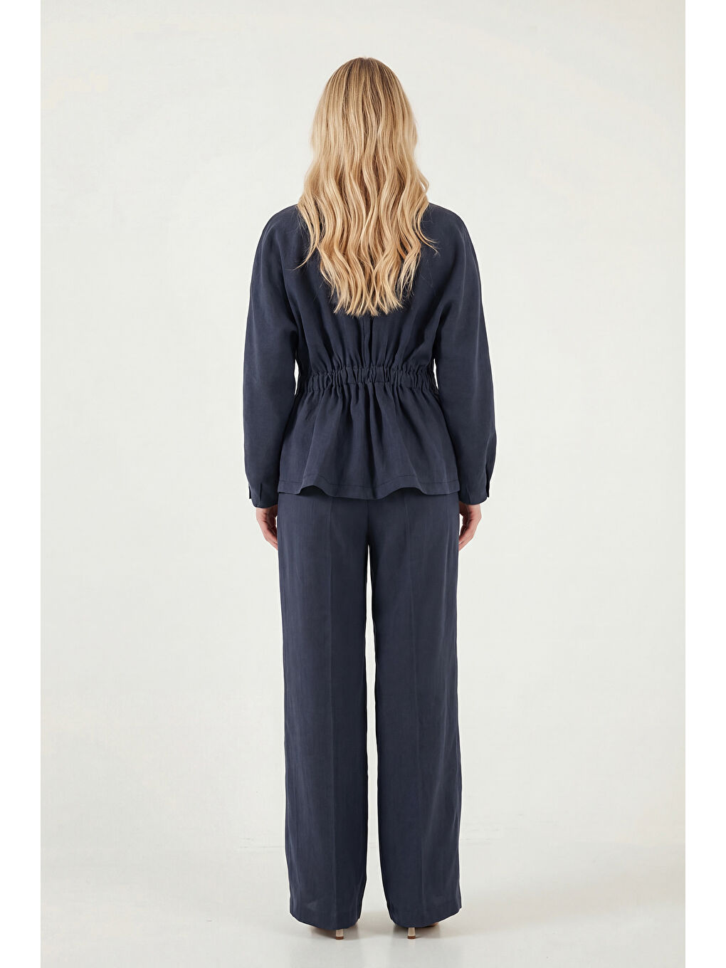 Lacivert Düğmeli Bisiklet Yaka Yüksek Bel Geniş Paça Kadın Takım 6928930-6