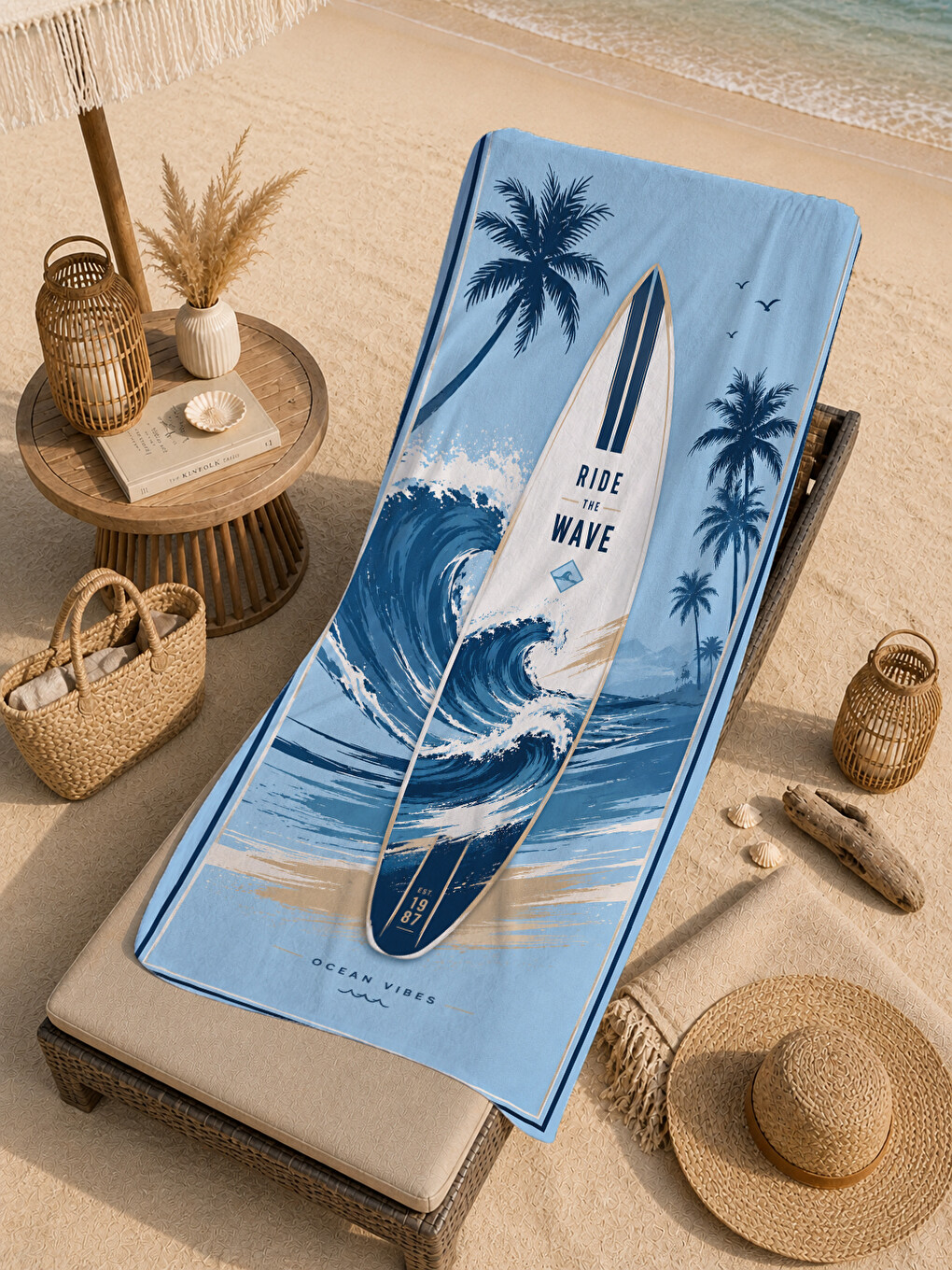 Mavi Retro Sörf Tahtası Palmiye Sahil Desenli 70x150 Plaj Havlusu - Dijital Baskılı Solmaz Banyo Havlusu-3