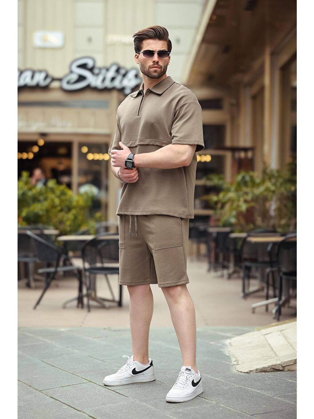 Kahverengi Fermuarlı Polo Yaka Erkek Şort Gömlek Takımı E7314-3