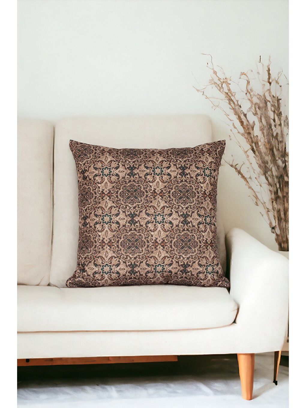 Kahverengi Desenli Kırlent Kılıfı Dekoratif Etnik Ikat Damask Inta 192