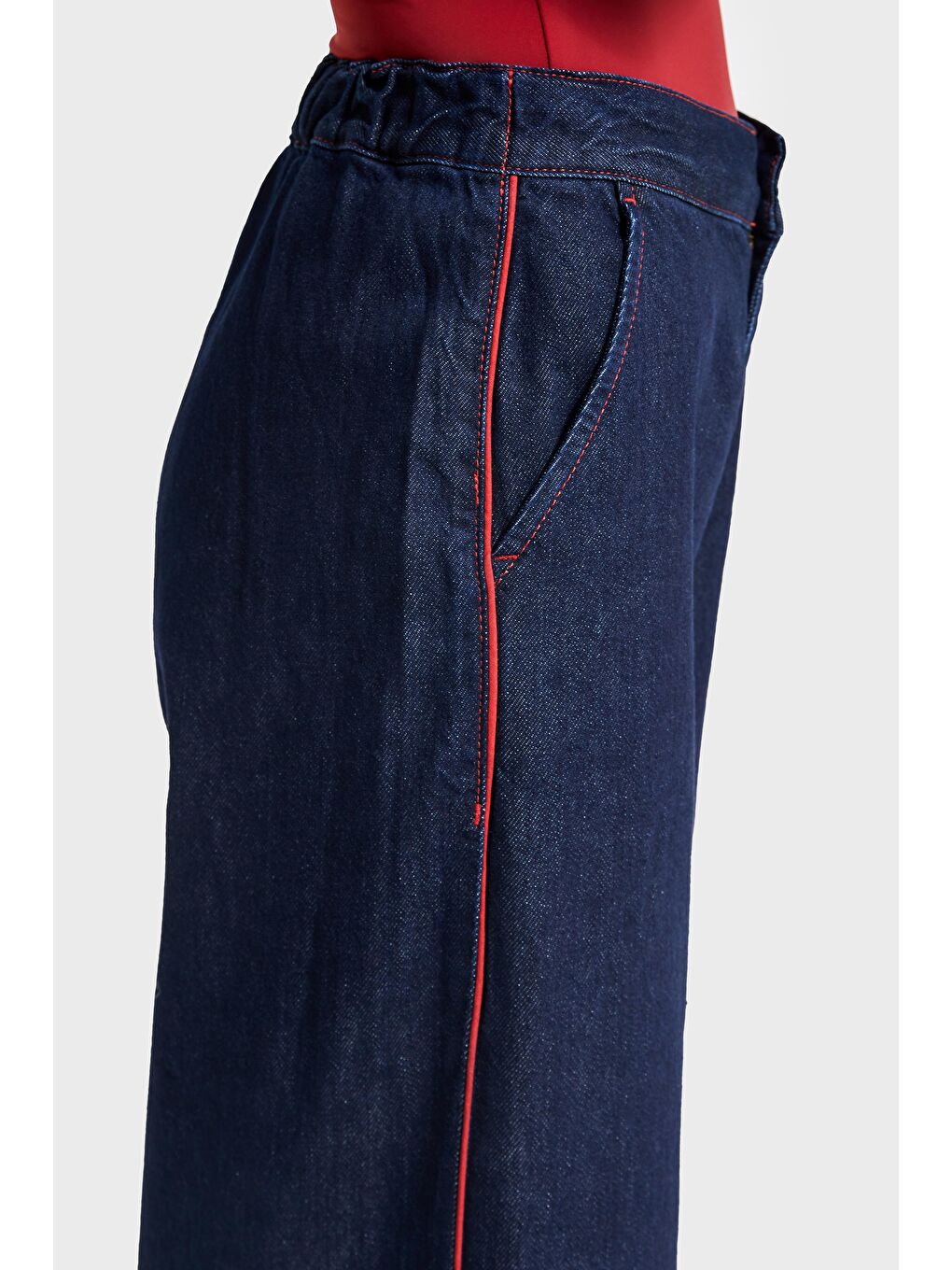 Kadın İndigo Renk 7w5-50 Wide Leg Fit Viskon Kumaş Şerit Detaylı Özel Tasarım Denim Jean-3
