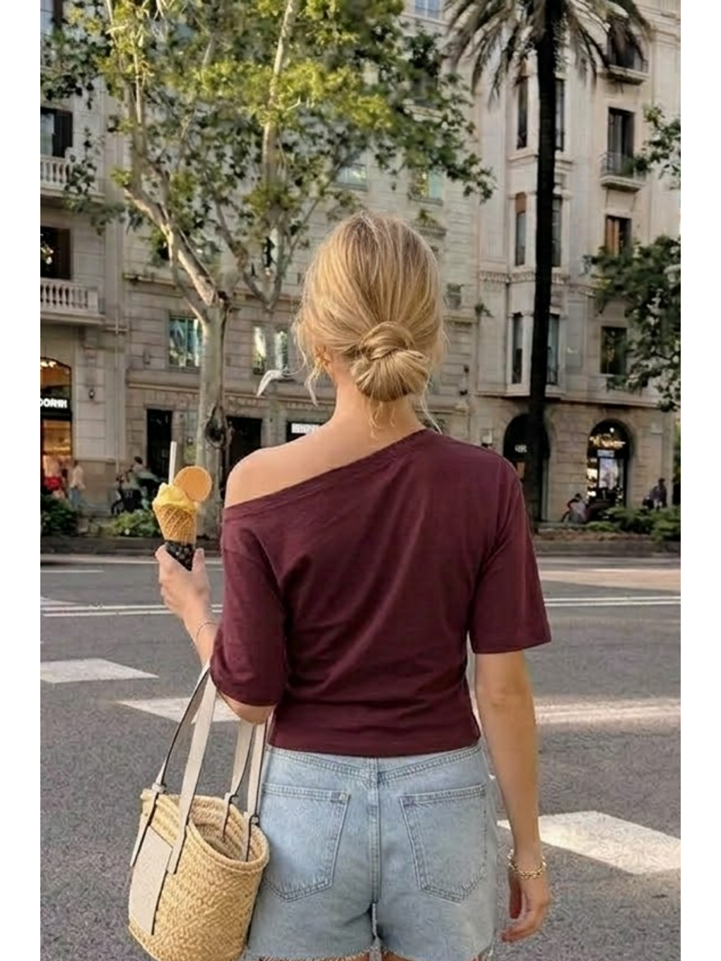Kadın Omzu Dekolteli Basic Bordo Tişört-4