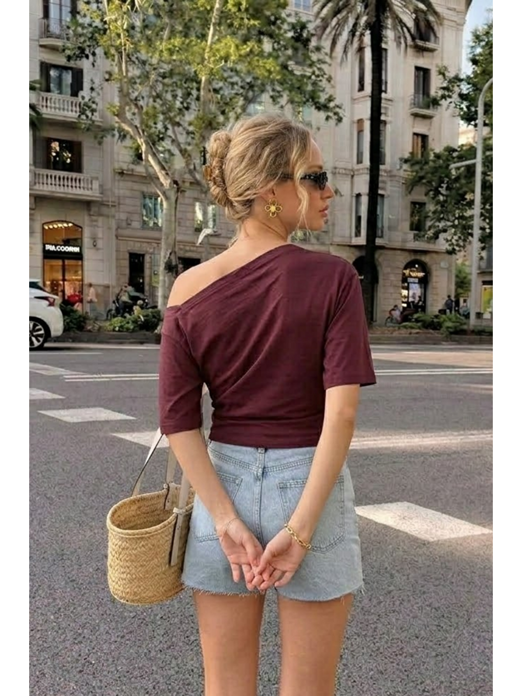 Kadın Omzu Dekolteli Basic Bordo Tişört-5
