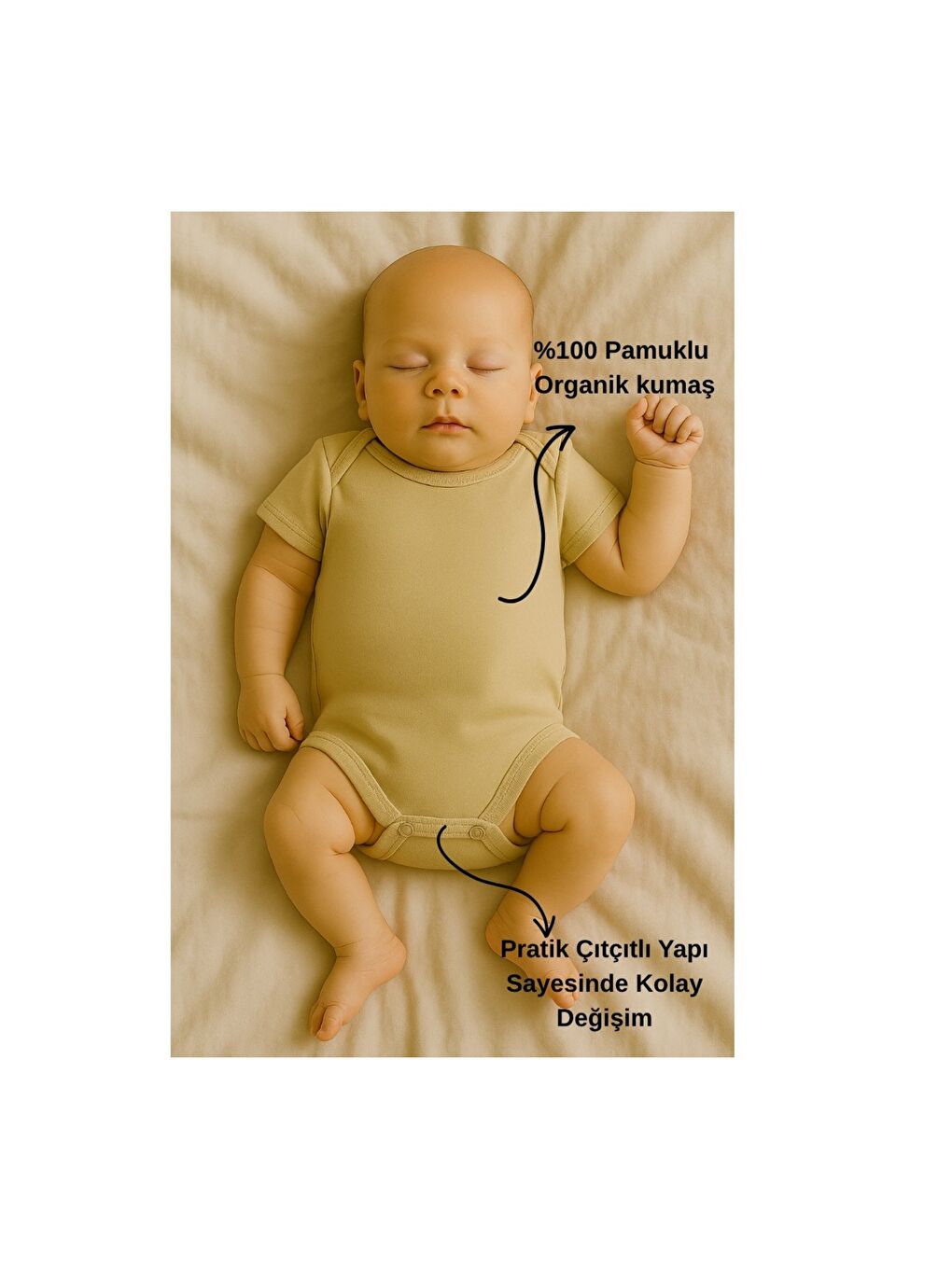 Ekru Unisex Bebek Organik Pamuklu Çıtçıtlı Kısa Kollu Zıbın Body 0-12 Ay-2