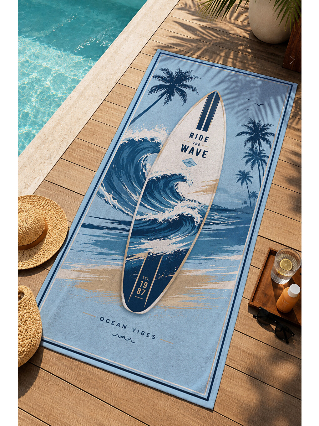 Mavi Retro Sörf Tahtası Palmiye Sahil Desenli 70x150 Plaj Havlusu - Dijital Baskılı Solmaz Banyo Havlusu-4